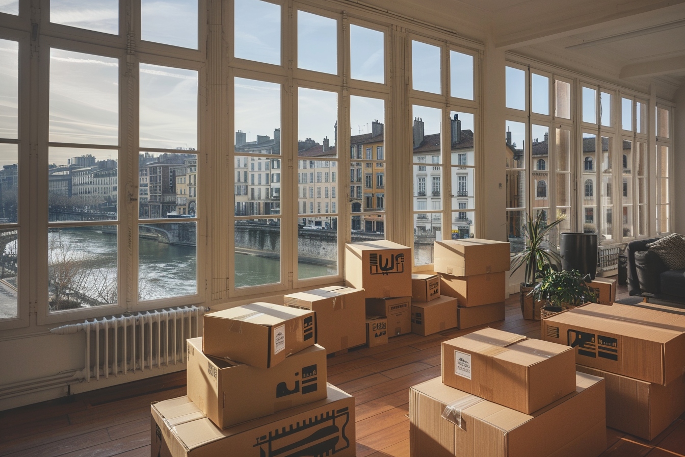 Plan de Lyon avec icônes de déménagement et carte consulaire pour une installation réussie