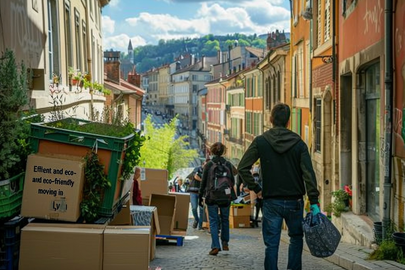 Alt d'image: "Deux personnes organisant un déménagement sans camion à Lyon, utilisant des solutions alternatives pour le transport de cartons sur fond de la ville lumière.