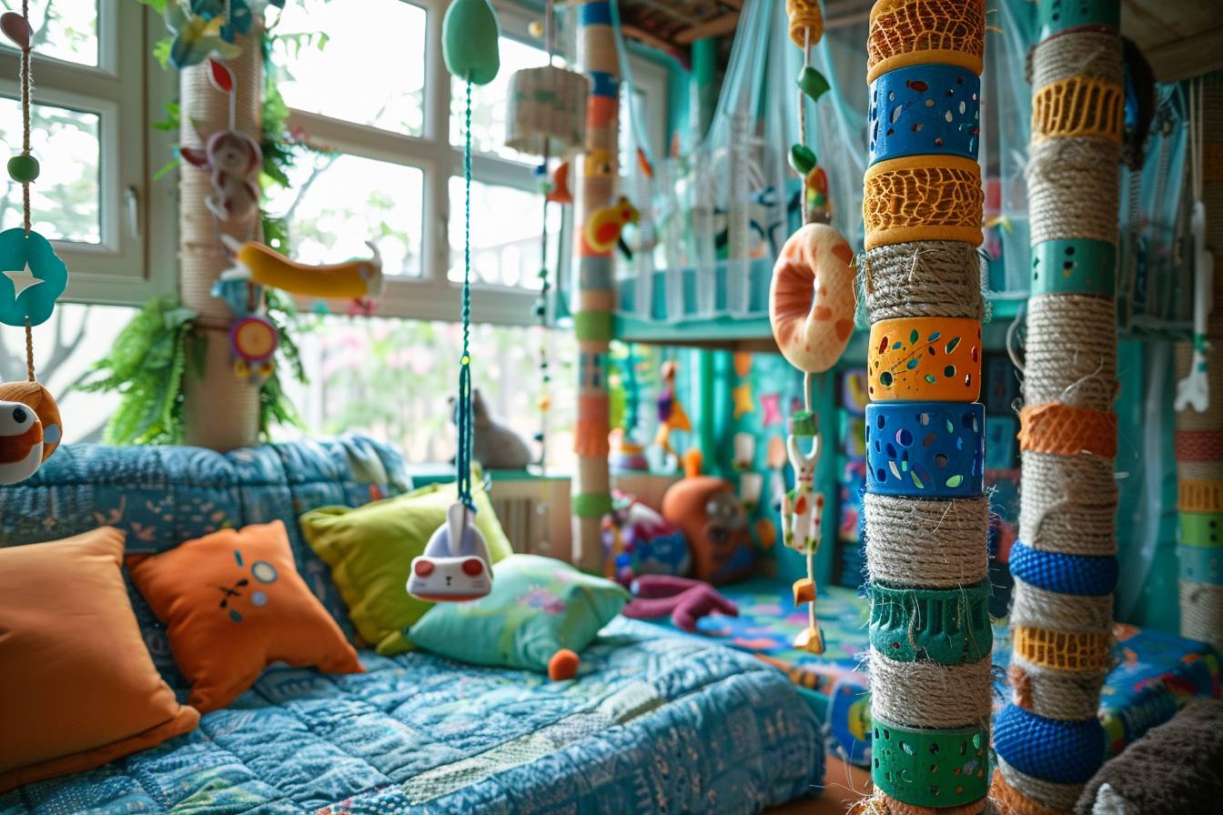 Chambre d'enfant joyeusement décorée avec des matériaux recyclés, illustrant l'harmonie entre bonheur et nature.