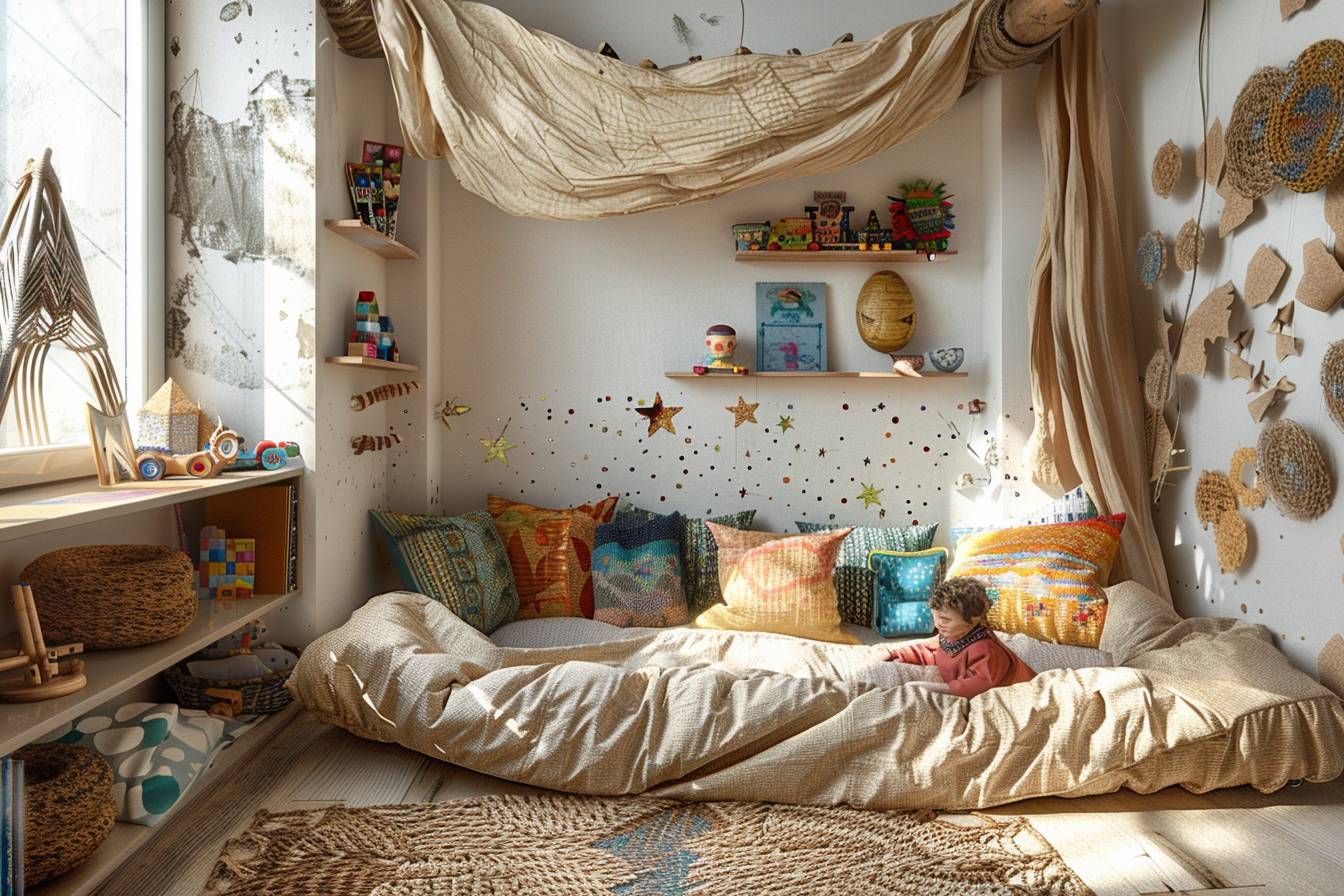 Idées créatives pour décorer la chambre d'un enfant avec des matériaux recyclés, montrant un espace coloré et écologique
